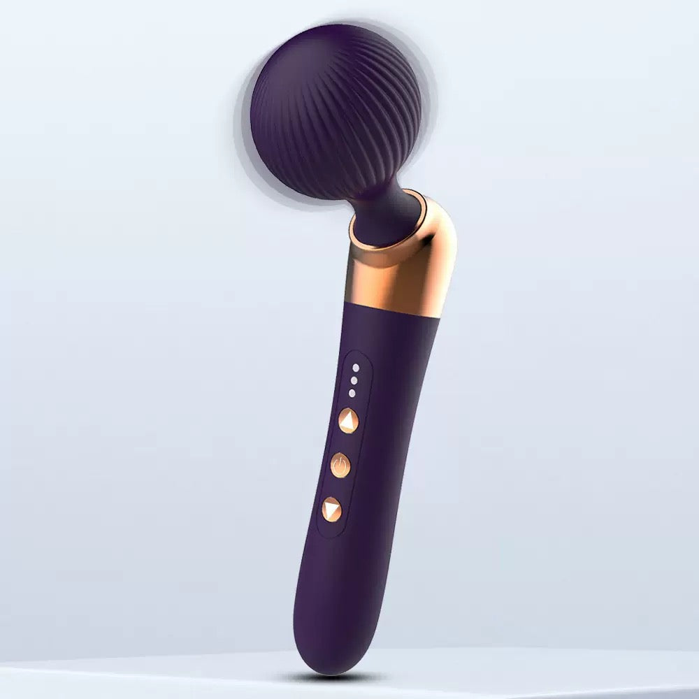 Luxury Magic Wand Vibrator with Ribbed Head & Rose Gold Controls — 245mm — Deep Purple